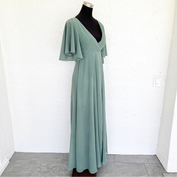 Jenny Yoo BHLDN Ari Bridesmaid Dress Flutter sleeve Gown in Eucalyptus Green 2 - Picture 5 of 11